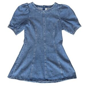 Rylee +Cru Medium Blue 100% Cotton Denim Jean Dress Puff Sleeve Cottagecore